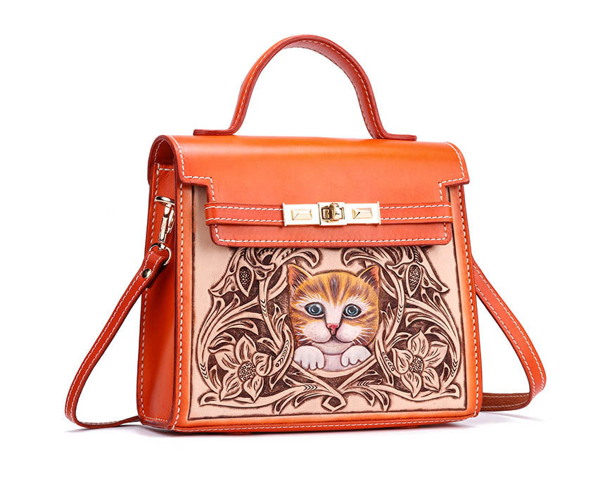 handmade first layer cowhide engraved cat handbag