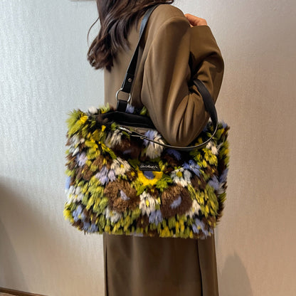 winter plush bags women flowers shoulder bag handbag