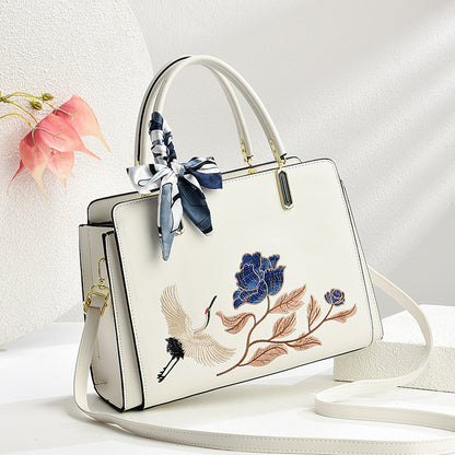 Womens New Chinese-Style National-Flair Embroidered Crane Fashion Crossbody Tote Bag
