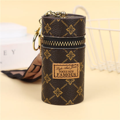creative bucket coin purse vintage printed mini lipstick key storage car key chain pendant