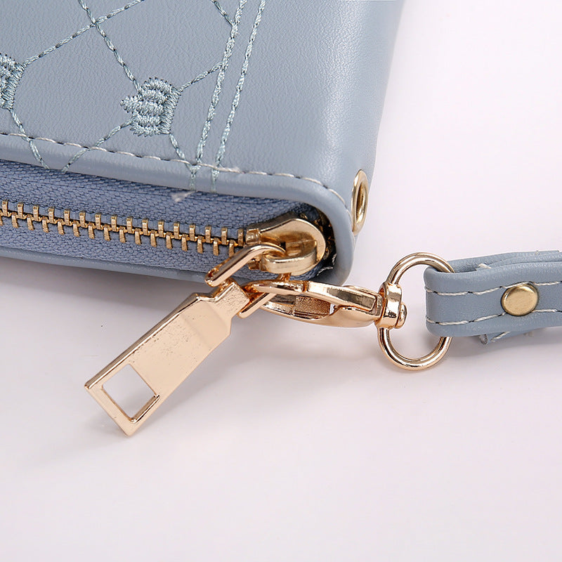 long crown embroidery thread single zip clutch wallet women