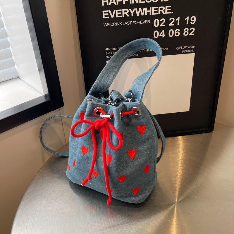 embroidery love pull belt shoulder messenger textured mini bucket bag