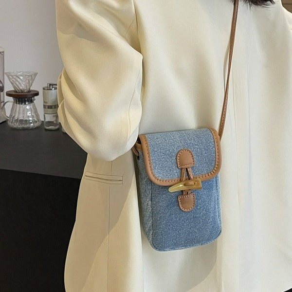 vertical denim mobile phone bag womens horn button shoulder messenger bag