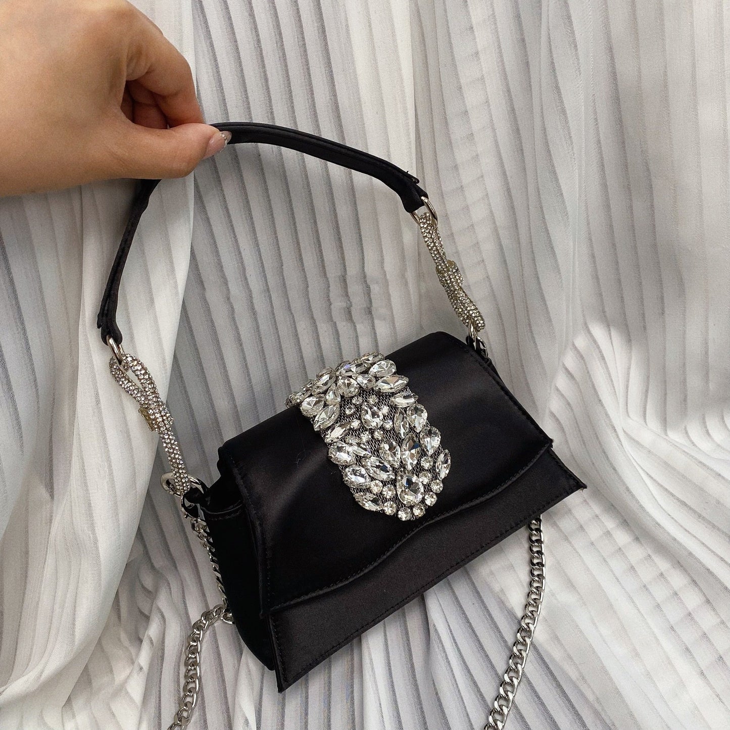 bow diamond silk satin flap small square bag