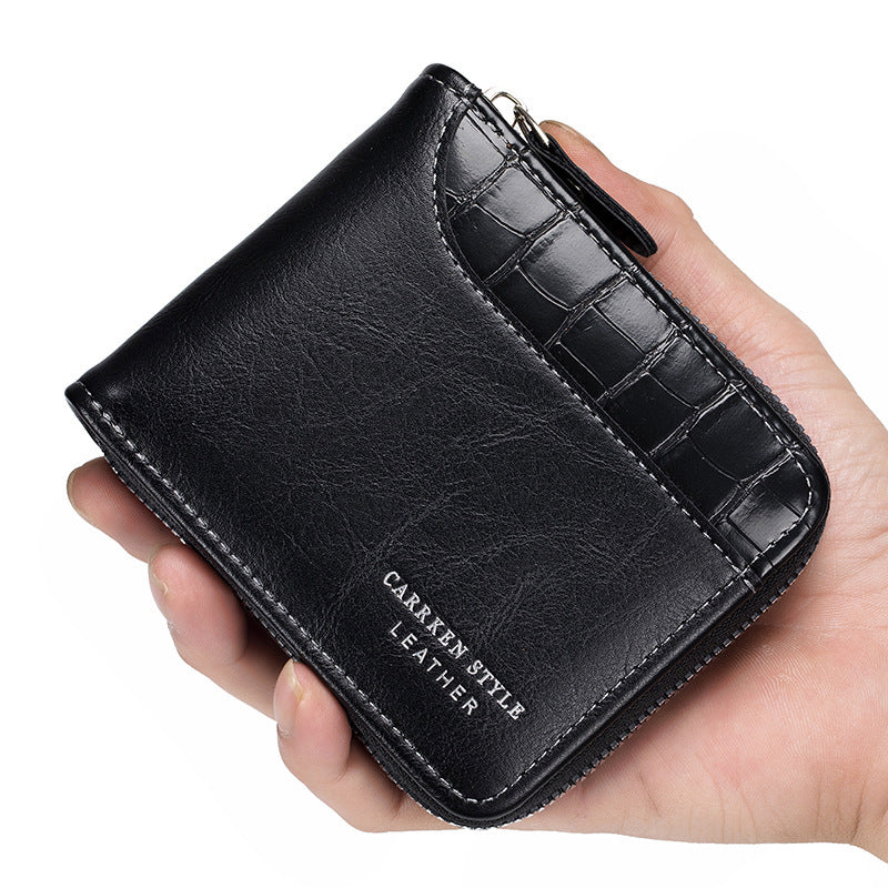 mens short wallet stitching stone pattern large capacity tri fold bag