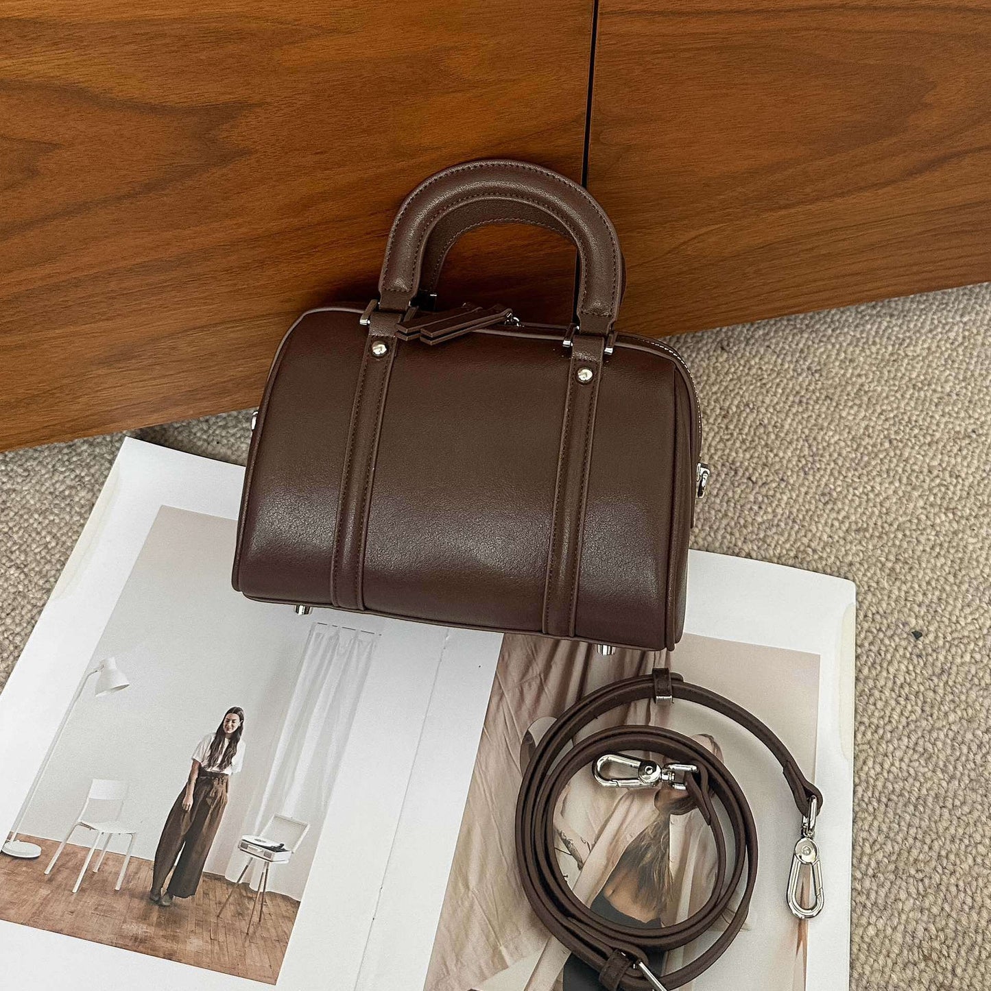 versatile cylindrical genuine leather portable crossbody bag