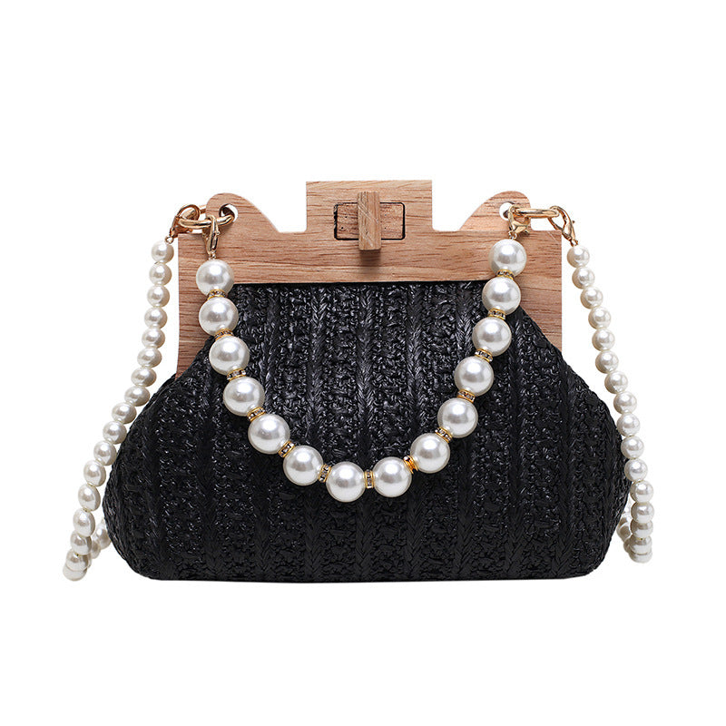 womens straw beach pearl chain woven shoulder bag