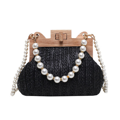womens straw beach pearl chain woven shoulder bag