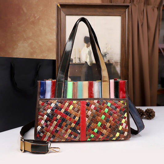 Vintage Womens Handheld Leather Patchwork Color-Blocked Woven Bag