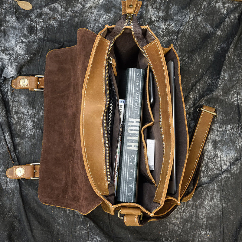 mens leather messenger bag a4 flap vintage shoulder briefcase