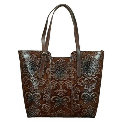 Vintage Embossed Full-Grain Leather Large-Capacity Tote Bag