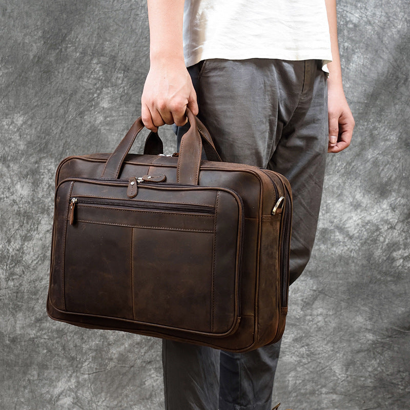 mens leather briefcase three compartment large capacity business handheld cowhide 17 inch commuter computer bag