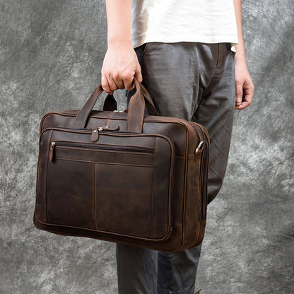mens leather briefcase three compartment large capacity business handheld cowhide 17 inch commuter computer bag