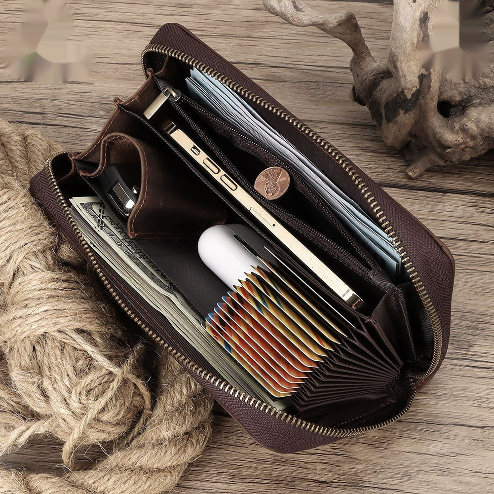 first layer cowhide vintage zipper multiple card slots genuine leather wallet