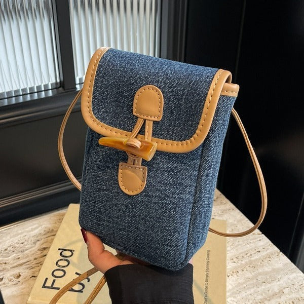 vertical denim mobile phone bag womens horn button shoulder messenger bag