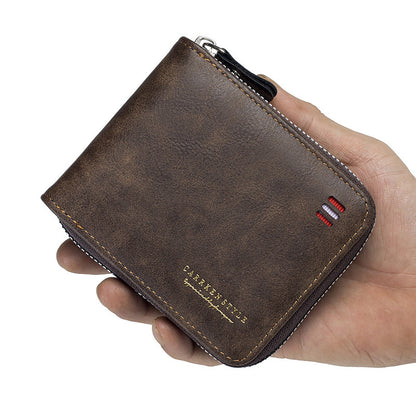 mens short and simple zipper tri fold multifunctional wallet