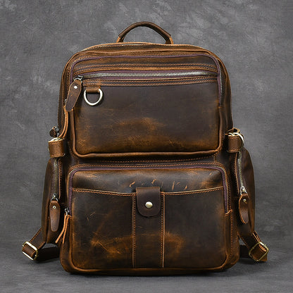 leather wide shoulder strap travel cowhide backpack