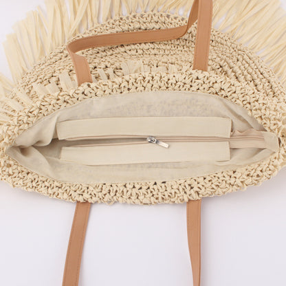 New Semi-circular Tassel Straw Shoulder Bag With Tassels And Paper Trim