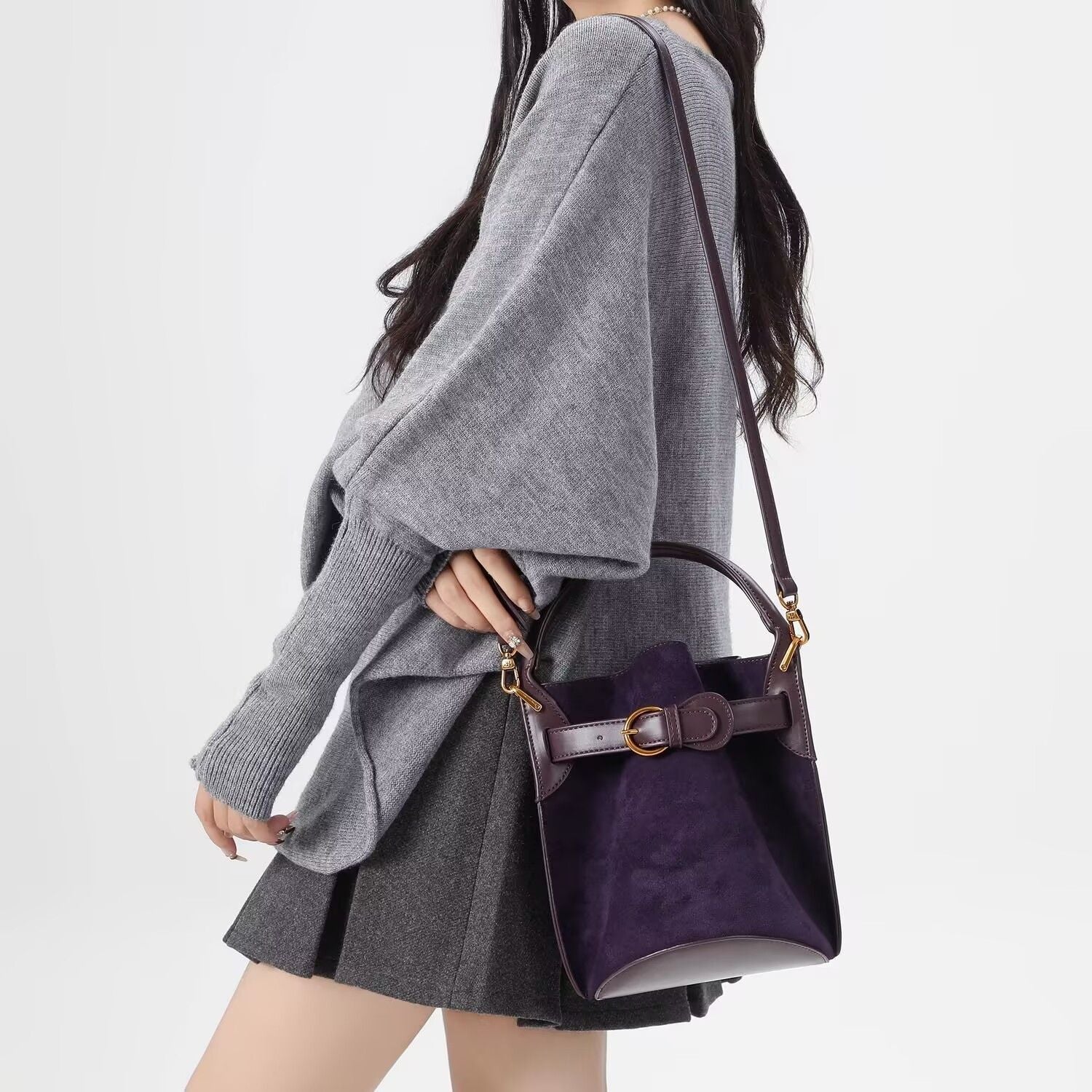 purple velvet bucket womens shoulder messenger bag