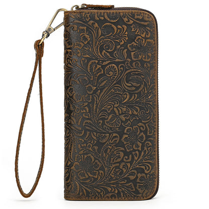 mens crazy horse leather retro embossing fashion long wallet