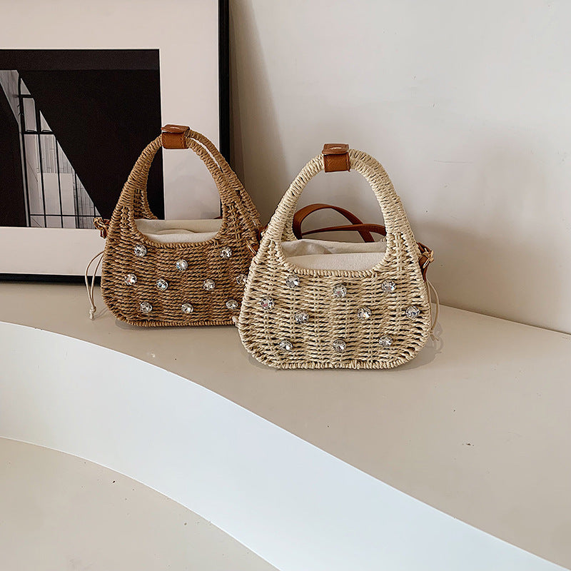 woven bag womens shoulder rhinestone portable messenger bag