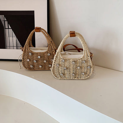 woven bag womens shoulder rhinestone portable messenger bag