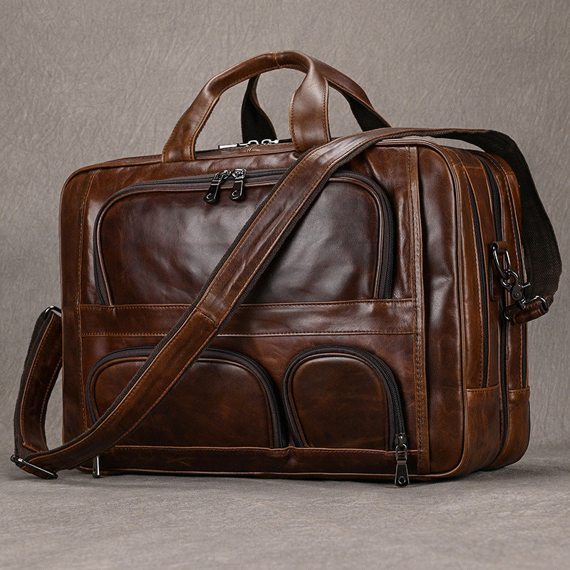 mens leather briefcase three compartment large capacity business handheld cowhide 17 inch commuter computer bag