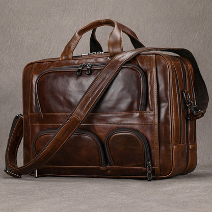 mens leather briefcase three compartment large capacity business handheld cowhide 17 inch commuter computer bag