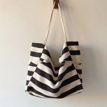 ins artistic contrast color striped canvas bag large capacity shoulder