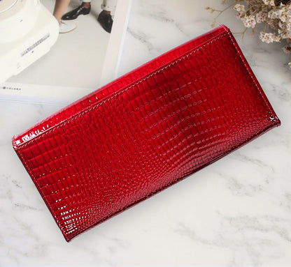 patent leather crocodile pattern womens wallet high grade red lock clutch