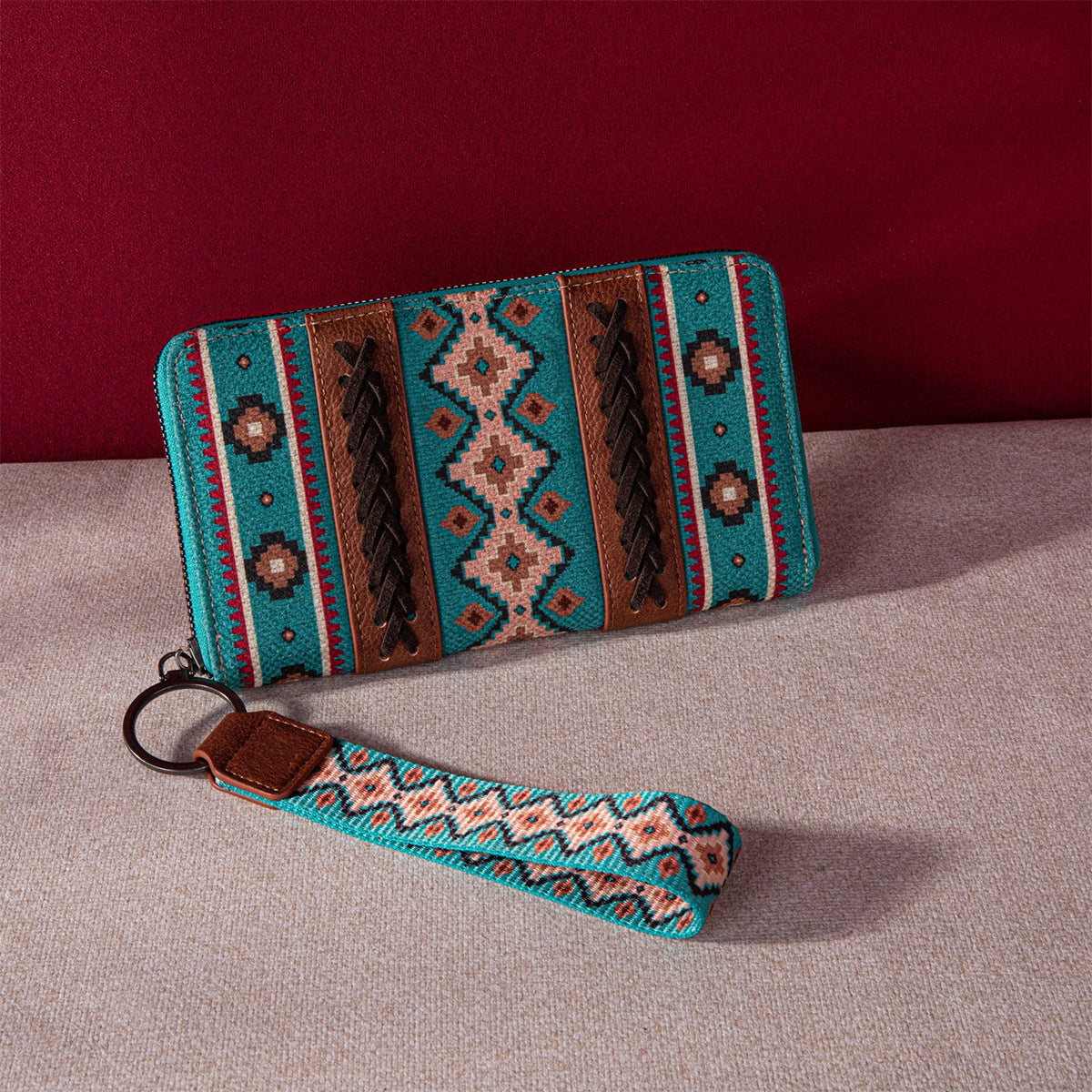 vintage cotton and linen printed bohemian style lady hand carrying wallet card holder