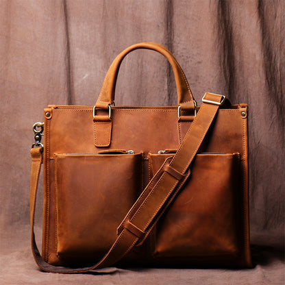 vintage cowhide mens handbag business briefcase