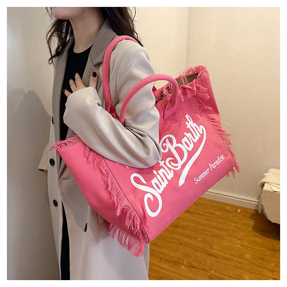 womens korean style letter tassel canvas bag with large capacity