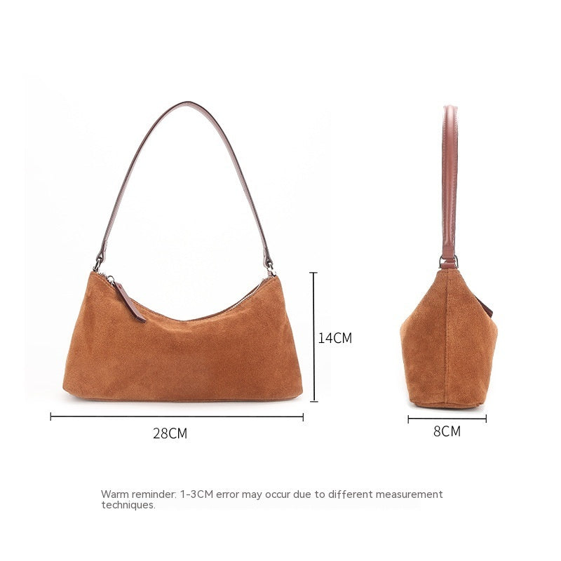 niche suede underarm baguette retro matte top grain leather shoulder bag handbag