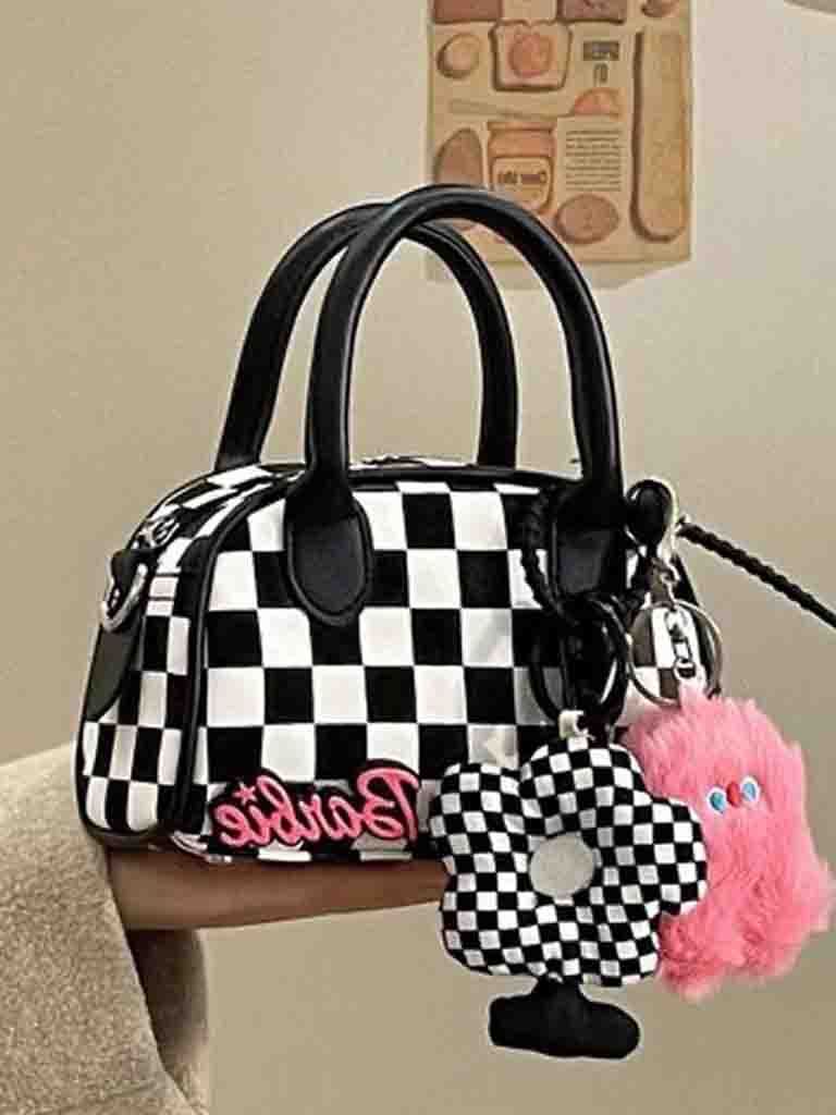 new handbag small flower pendant checkerboard bag niche design fashion