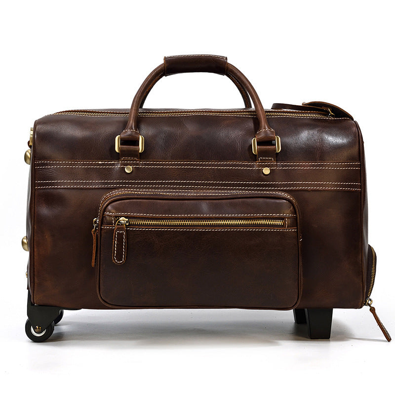 mens genuine leather trolley case retro leather travel bag