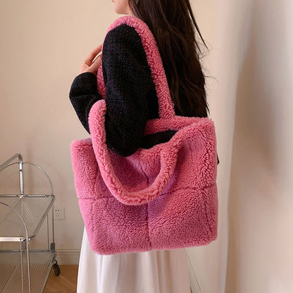 plaid particle lamb wool shoulder bag korean style