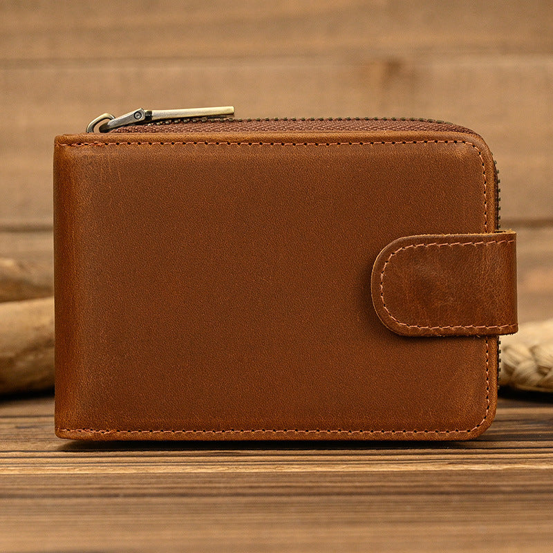 mens short crazy horse leather zipper wallet