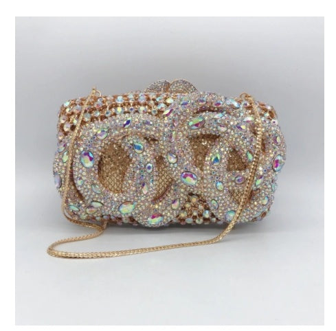 python diamond studded dinner bag magnetic clasp chain clutch