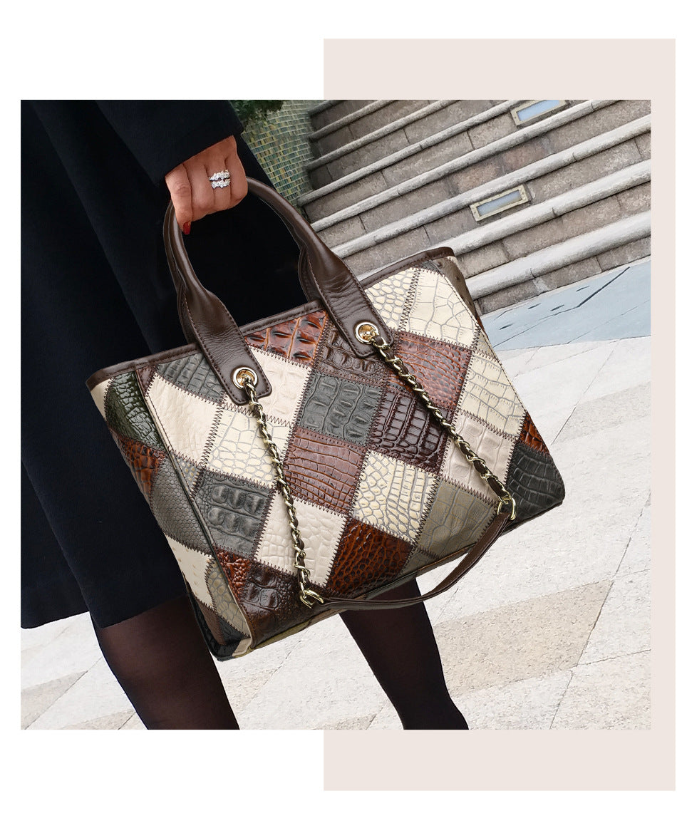 genuine leather bag light luxury high grade contrast color trendy plaid womens bag factory