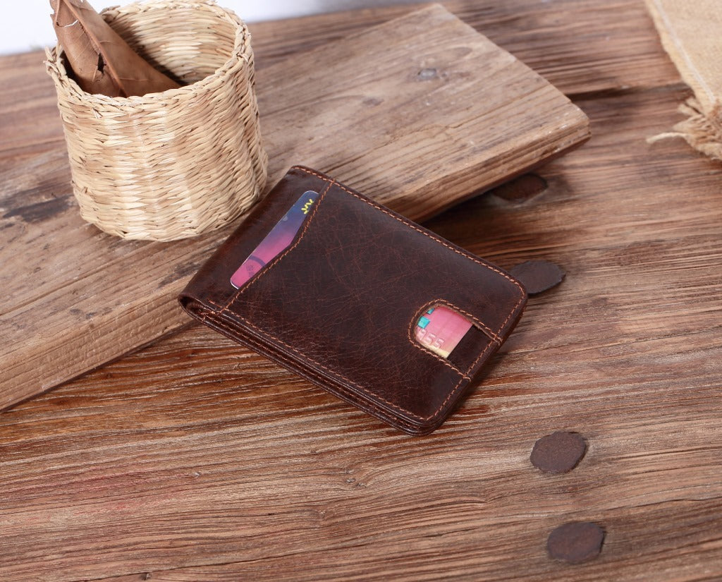 mens short leather oil wax wallet card holder