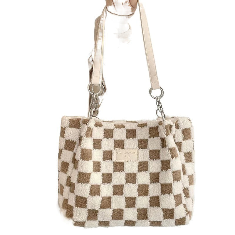 large capacity plush bag womens new plaid shoulder