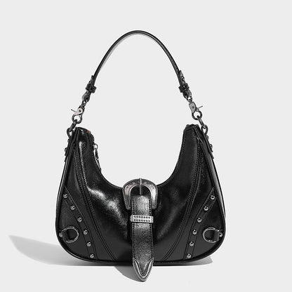 womens distressed silver belt buckle underarm shoulder bag