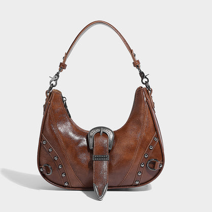 womens distressed silver belt buckle underarm shoulder bag