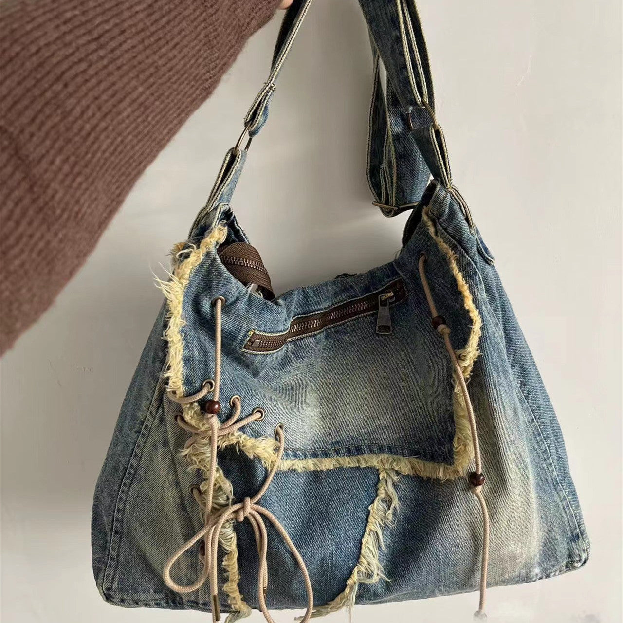 vintage denim washed brushed tassel messenger bag