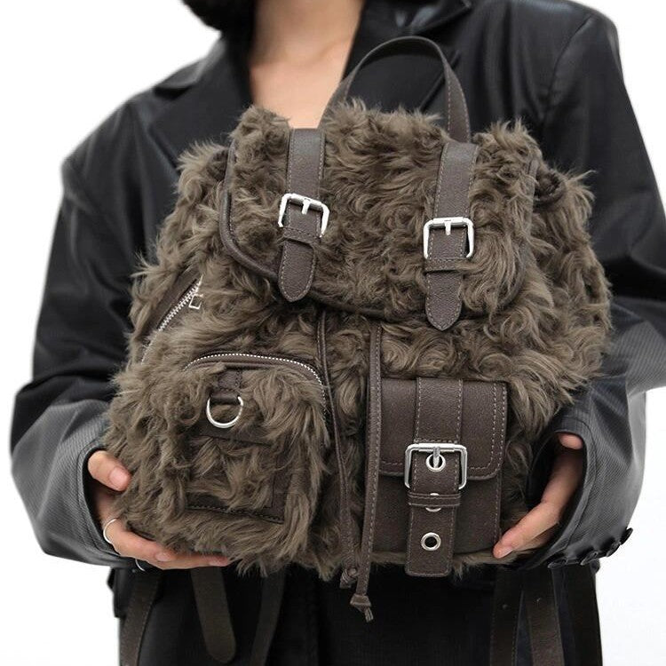 retro backpack bags plush large capacity bag