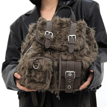 retro backpack bags plush large capacity bag