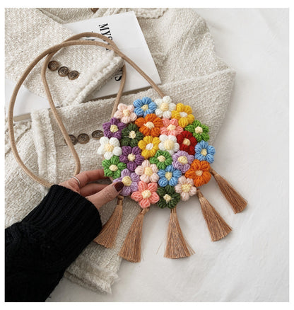 ethnic fluffy bag for women 2025 new fashion trend floral small round bag stylish and versatile can be worn on one shoulder or cross body