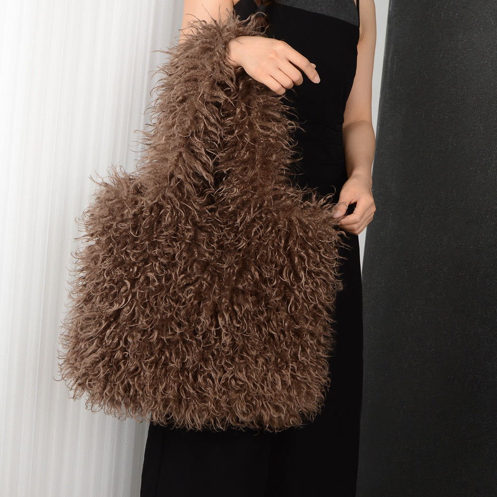 faux fur beach wool plush bag portable shoulder large capacity totes