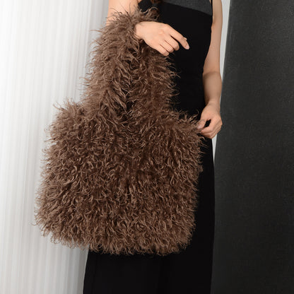 faux fur beach wool plush bag portable shoulder large capacity totes